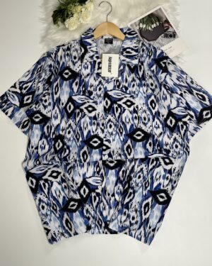 Blue & Black Abstract Ikat Print Camp Collar Shirt