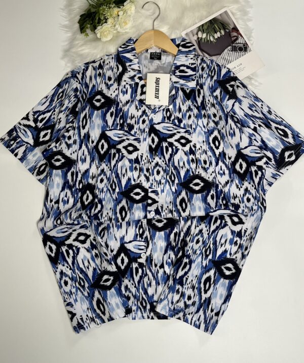 Blue & Black Abstract Ikat Print Camp Collar Shirt