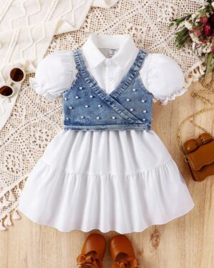 Girls' Pearl Denim Bodice & White Puff Sleeve Dress