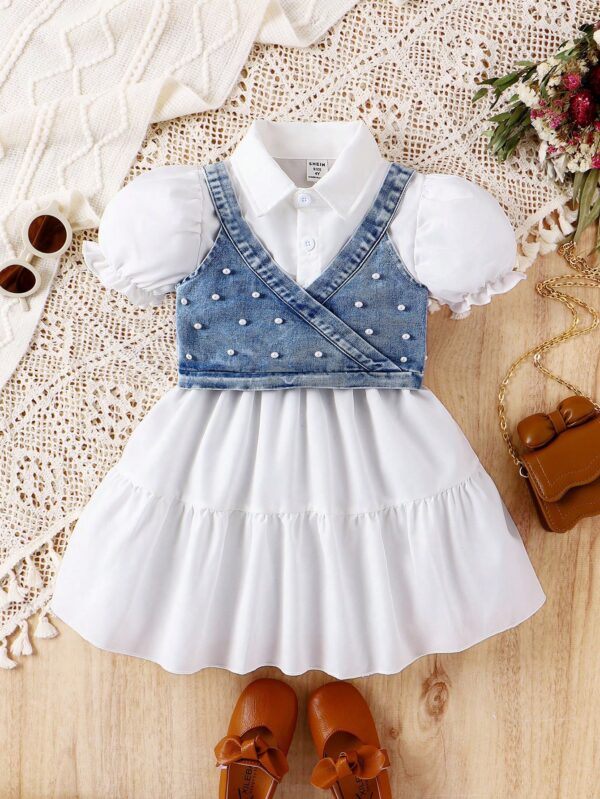 Girls' Pearl Denim Bodice & White Puff Sleeve Dress