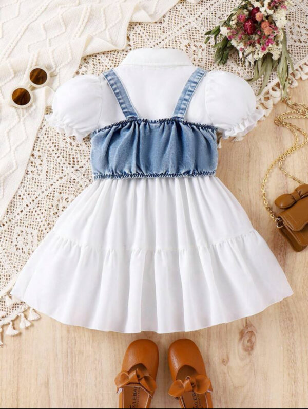 Girls' Pearl Denim Bodice & White Puff Sleeve Dress - Image 3