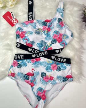Girls' Tropical Flamingo One-Shoulder Swimsuit Set