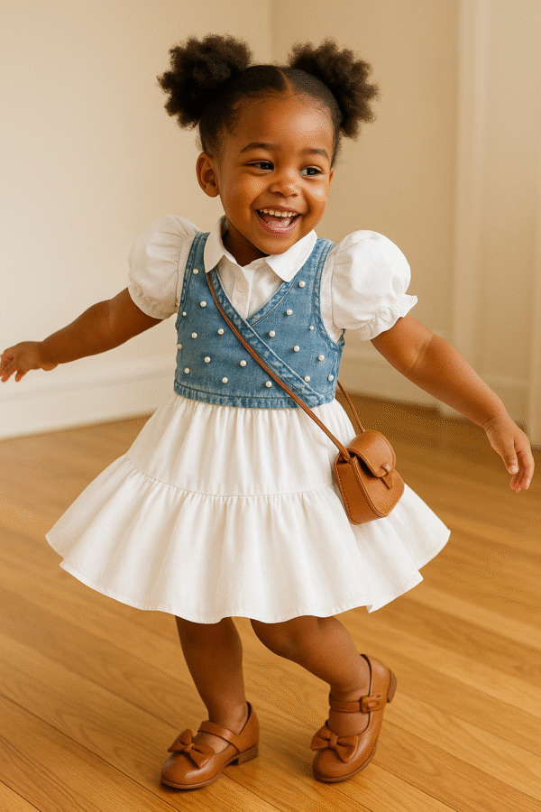 Girls' Pearl Denim Bodice & White Puff Sleeve Dress - Image 2